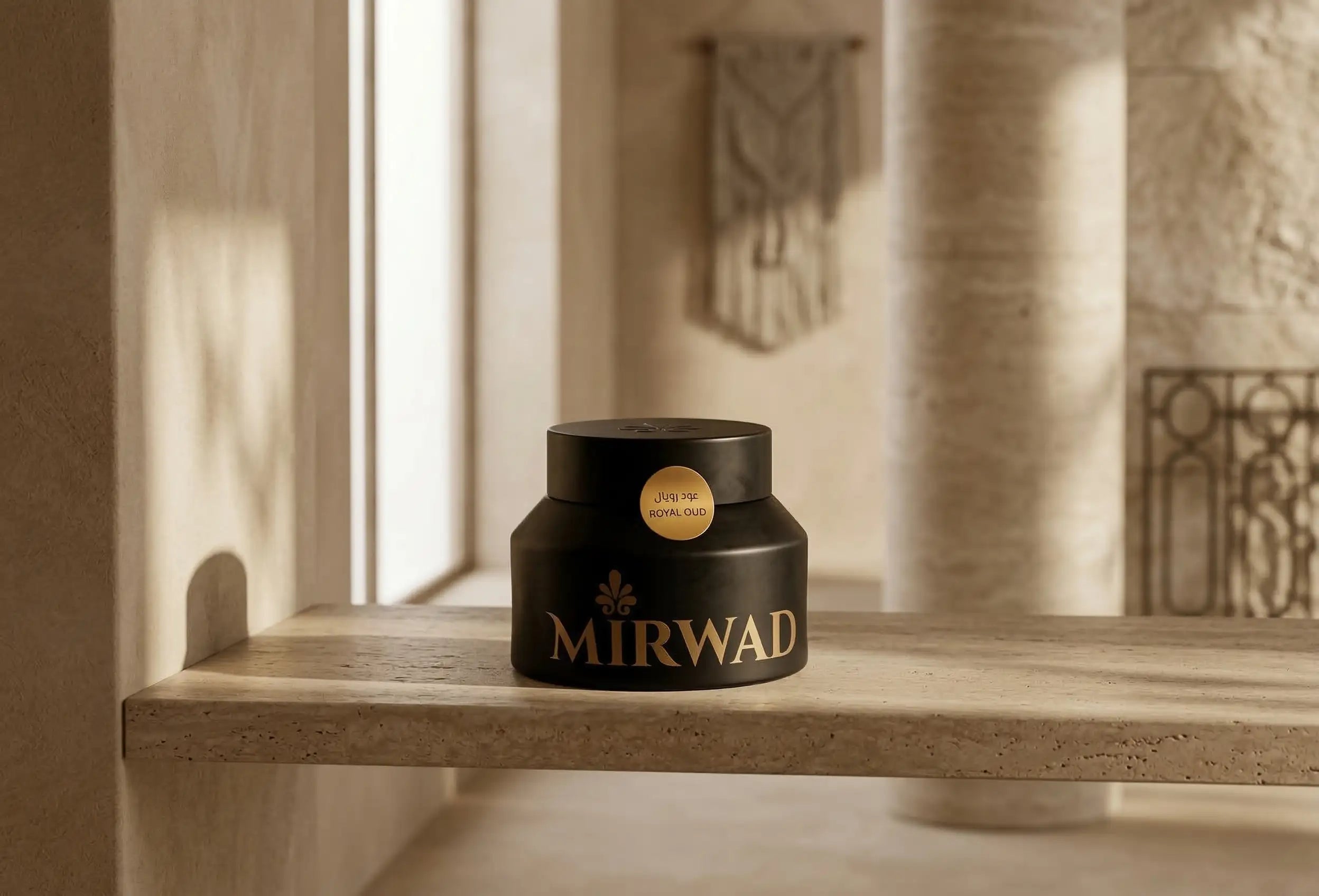 Maison Mirwad Royal Oud fragranced oud luxury bakhoor jar on stone shelf premium oud incense home fragrance