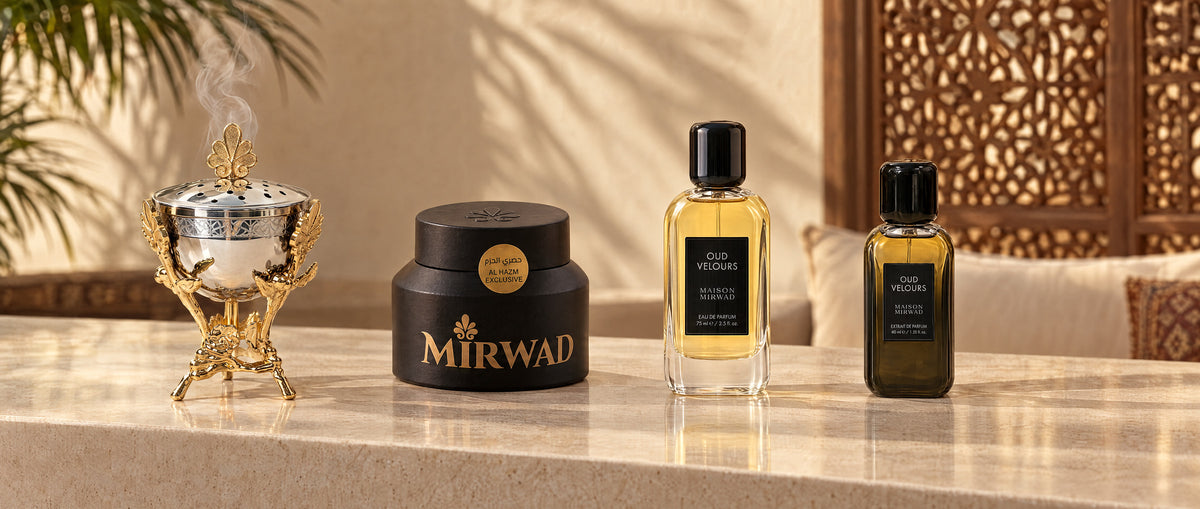 مبخرة وعلبة بخور وعطر عود فولور وإكستريه على رف من الحجر الجيري
