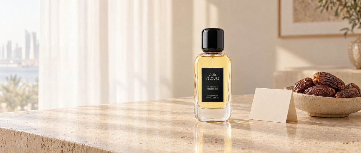 عطر عود فولور مربوط بشريط أسود بجانب بطاقة وطبق تمر